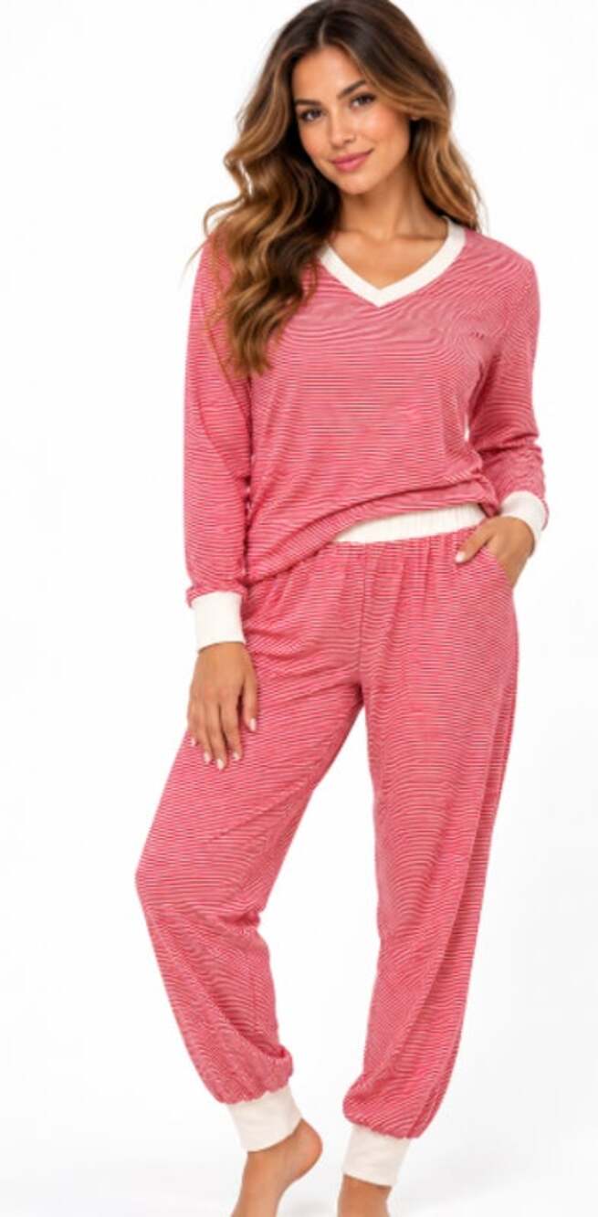 Red and white striped polyester pajamas
